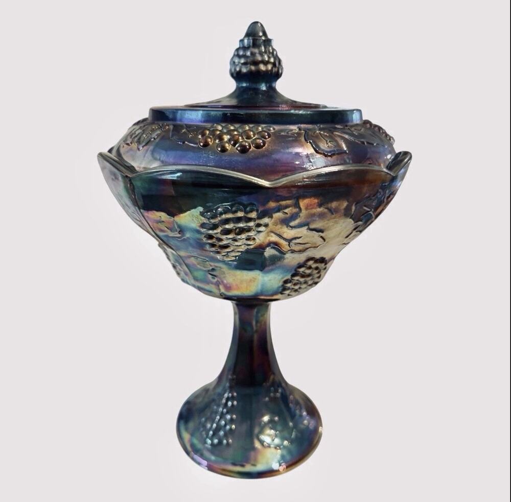 Vintage 1970s Blue Carnival Compote Lidded Harvest Grape Pedestal Indiana Glass